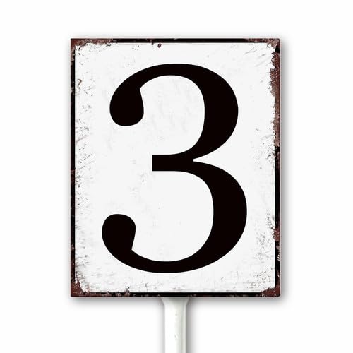 Aluminum Number Sign 3 Metal Numbered Yard Sign With Stake Outdoor for Tennis Court, Parking Lots, Floor, Dock, Court, Aisle, Field, Farm 12x15 CM High Visibility Rust Free (Retro White)