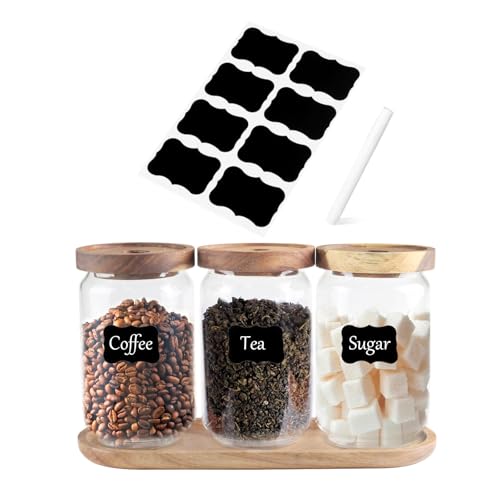 Gzsekken Tea Coffee Sugar Canisters, Airtight Coffee Tea Sugar Set with Wooden Tray, Clear Stackable Kitchen Canisters, Glass Food Storage Jars Set of 3 for Countertop Pantry Organisation
