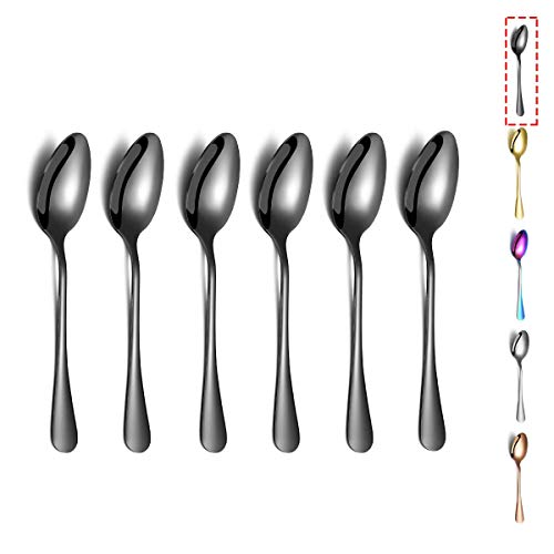 Cucharillas negras, Kyraton 6 piezas Cucharas de té de acero inoxidable de 6.7 "con revestimiento de titanio negro, Cucharas de helado, Cuchara de postre, Cuchara de café, Cuchara Paquete de 6 Cover