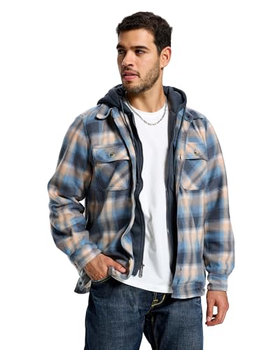 Image of TanBridge Men's Cotton Plaid Shirts Jacket Full Zip Fleece Flannel Sherpa Lined Hoodies Heavyweight Hoodies Jacket for Men