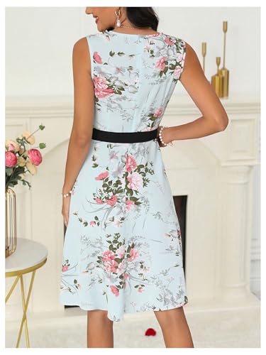 SweatyRocks Women's Floral Print Flared Dress Sleeveless Round Neck Belted A Lined Dresses2