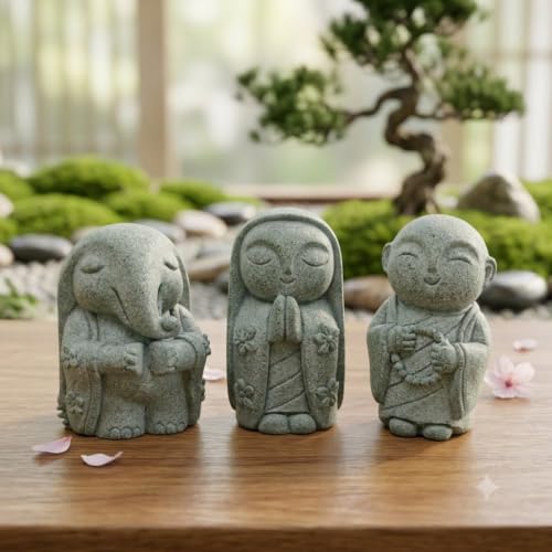 Image of Street27 3Pcs Zen Monk Statue Set, Mini Sandstone Buddha Monk Figurines for Home, Office Desk, Aquarium, Car Dashboard, Meditation Room & Table Decor, Grey