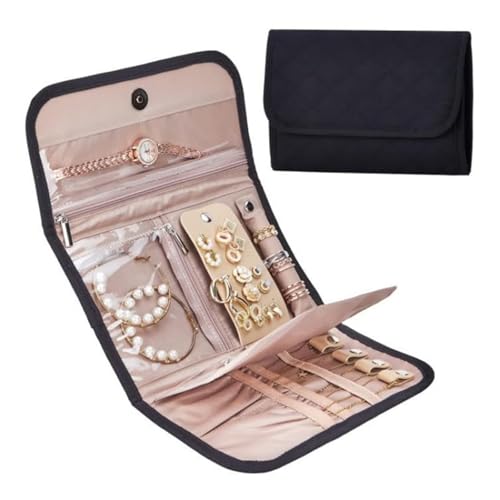 Travel jewelry case, foldable storage roll,stores earrings, necklaces, rings, bracelets, brooches+travelers, jewelry lovers+portable, organized, scratch-resistant+jewelry travel organizer