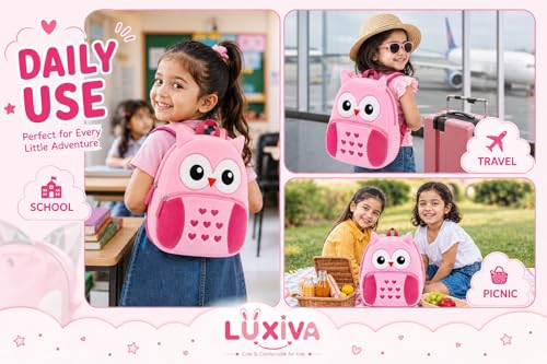 Image of Cartoon Plush Kids School Bag 2-6 Years | Soft Toy Backpack for Boys & Girls | Toddler Nursery Preschool Bag | Lightweight Adjustable Straps