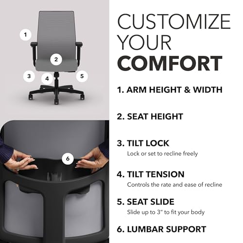 Image of HON Ignition 2.0 Mid‑Back Ergonomic Office Chair, Mesh Task Desk Chair with Lumbar Support, Standard Synchro‑Tilt, Height and Width Adjustable Arms, Black Frame, Frost