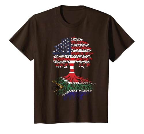 South African Roots American Grown Tree Flag T-Shirt, Youth, Brown, Large