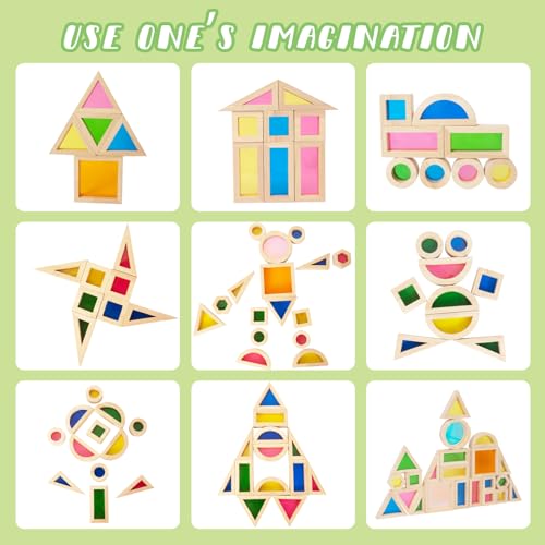 Image of WOODENFUN Wood Building Blocks Set for Kids, 32 Pcs Rainbow Stacker Stacking Game Construction Toys Set Preschool Colorful Learning Educational Toys, Geometry Wooden Blocks for Boys Girls
