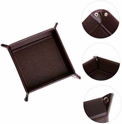 Cosyres Small Leather Valet Catchall Snap Jewelry Tray Bedside Storage Tray for Key, Coin, Phone Brown
