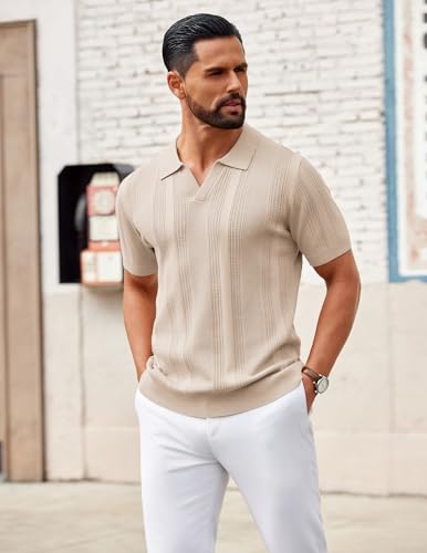 Image of COOFANDY Mens Knit Polo Shirts V Neck Textured Polo Shirts Short Sleeve Breathable Polo Casual Collared T Shirt Fashion Tops