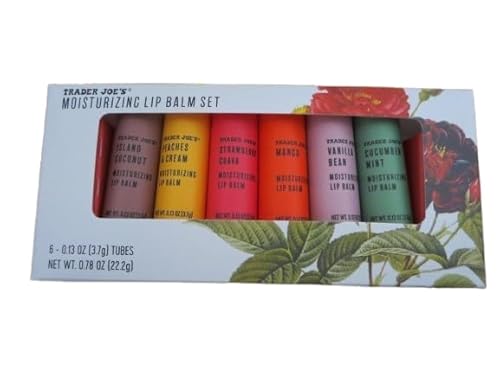 Trader Joe’s Moisturizing Lip Balm Set (Island Coconut, Peaches&Cream, Strawberry Guava, Mnago, Vanilla Bean, Cucumber Mint) 6 x 0.13oz Net weight 0.78 oz