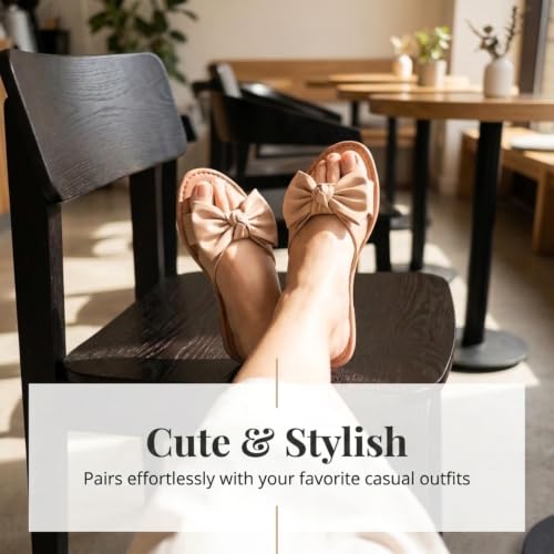 Image of Tiara Women's Bow Sandals, Slip On Flat Slides with Bow Detail | Cute Summer Sandals, Cushioned for All-Day Comfort - Great for Beach, Vacation & Everyday Wear