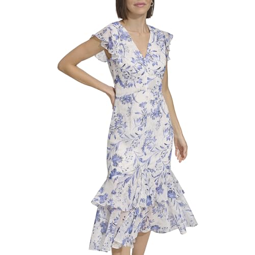 Image of Tommy Hilfiger Women's Flutter Sleeve V-Neck Ruffle Trim Hi-Lo Midi Dress