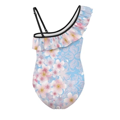 Image of WELLFLYHOM Axolotl Girls One Piece Swimsuits 3-14 Ruffle One Shoulder Bathing Suits Full Coverage Beachwear