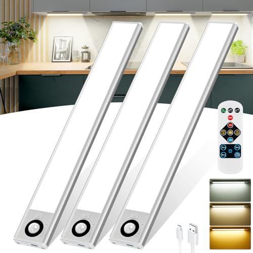 Wonkelly - Lámpara de armario LED con mando a distancia, 72 luces de gabinete con sensor de movimiento, 2200 mAh USB-C recargable, 3000 K/4000 K/6000 K, regulable, barra LED 30 cm para armario, 3