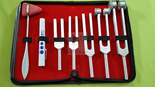 Set of 7 pcs Tuning Fork C128, C256, C512, C1024, C2048 + Reflex Percussion Taylor Hammer + Penlight (A2ZSCILAB Brand)