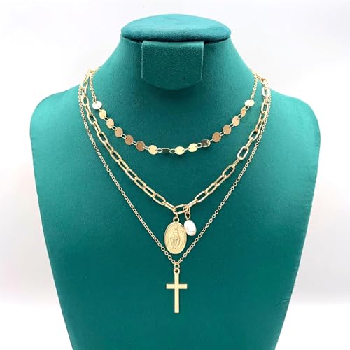 Cross Layered Necklace Pendant Handmade Gold Plated Dainty Multilayer Choker Layering for Women Necklaces Stylish Minimalist Crucifix Pendants Simple Chain Stacked Necklace Jewelry Gifts4