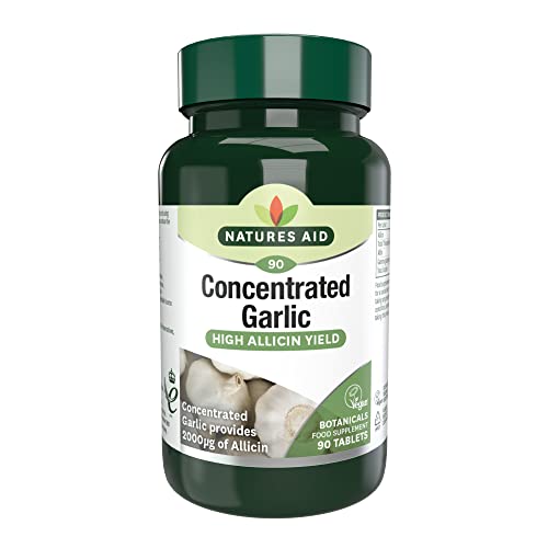 Natures Aid Concentrated Garlic 2000g - 90 Tablets - High Strength Cold Pressed Allicin & Aliin Supplement - Support Heart Health & Circulation - Vegan Vegetarian Gluten Free Not Capsules or Gummies