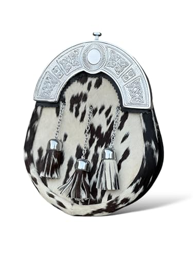 Black & White Cow Fur Kilt Sporran Scottish Traditional Celtic Cantle Leather Kilt Sporran2