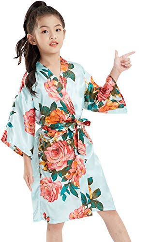 QXQTER Peony Floral Silk Kimono Robe Wedding Bridesmaid Robes Dressing Gown Nightgown for Girls