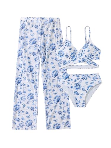 Girl's 3 Piece Floral Swimsuit Cut Out Crisscross Bathing Suit with Cover Up Pants