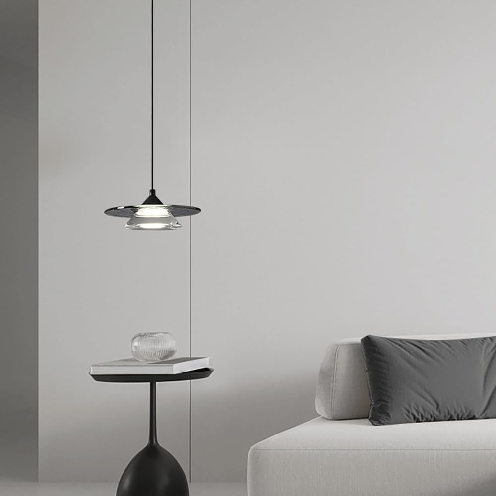 Lampada a Sospensia Forma Di Frisbee Nero, Lampada a Sospensiin Metmartellato con Paralume in Vetro, Lampadario Moderno a Led - 3 W - 3 Modalità Colore, Lampade a Sospensida Comodino, Luci a