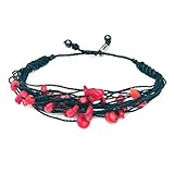 Red Coral Bracelet Black String Beach Style for Women - Adjustable Braided Woven Wrap Knot Macrame Jewelry