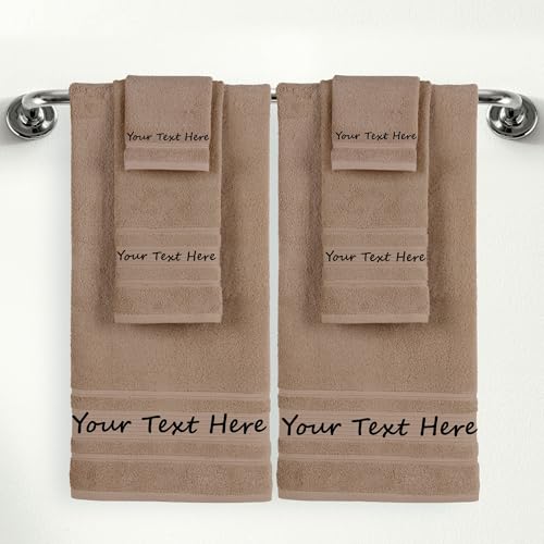 Qute Home Personalized Custom 6-Piece Towel Set – Bath, Hand & Washcloth – 100% Cotton, Soft & Absorbent – Embroidered Name or Monogram – Hotel Towels for Bathroom, Spa, Hotel, Wedding & Gift – Brown