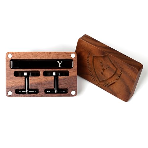 Image of Mens Initial Cufflinks and Tie Clip A-Z Alphabet Letter Black Stainless Cuff Links Tie Bar with Engraved Walnut Wood Box Groom Groomsman Wedding Set
