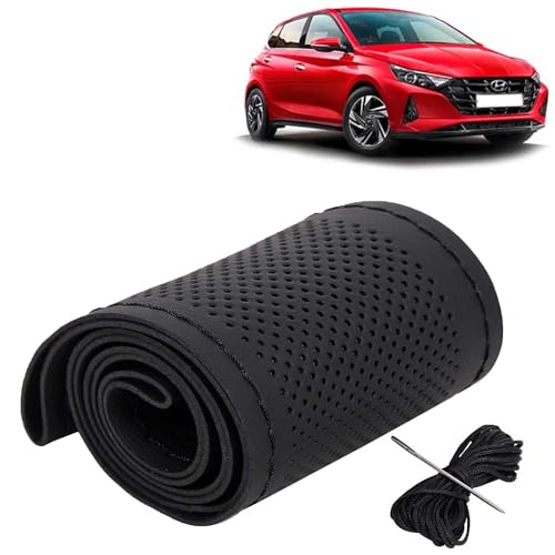 Image of KINGSWAY PU Leatherite Car Steering Cover Sewable Compatible with Hyundai I20 (Year 2020 Onwards), Black Color with Black Thread, Pack of 1 with Sewing Needle and Thread