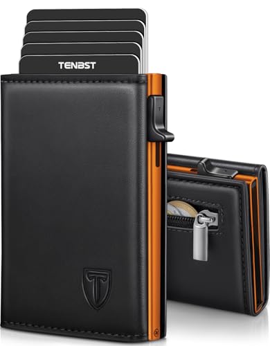 TENBST Geldbörse Herren mit Münzfach, Hochwertiges Kartenetui Herren, RFID Geschützter Geldbeutel, Slim Portemonnaie für 8 Karten - Orange-Schwarz