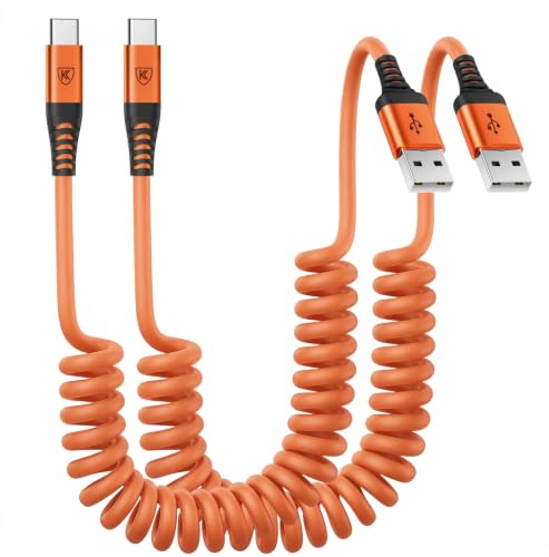 Image of Coiled USB A to USB C Cable for Car [6FT, 2Pack], USB to USB C Cable Fast Charging 60W, USB Type C Cable iPhone Charger USBC Cord for iPhone 17 /16 /15 /Pro Max /Plus /Samsung Galaxy S26 /S25 /Ultra-Orange