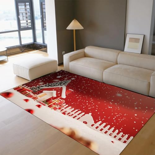 Tapis Noël rouge chalet enneigé fin doux lavable 100x150cm