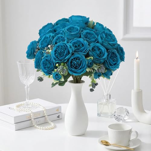 Image of 8 Pack Teal Peonies Artificial Flowers, Faux Floral Fake Silk Hydrangea Bouquet for Bridal Wedding Home Table Decor Reusable Dining Opening Ceremony Birthday Arrangement