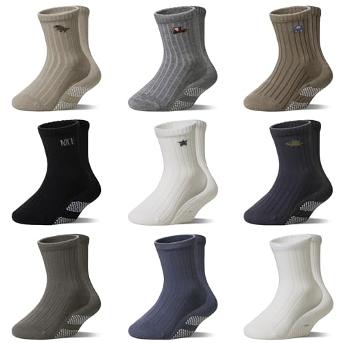 SEEYAN Baby Non Slip Socks Toddler Boys Girls Animal Car Dinosaur Infant Kids Anti Slip Crew Socks With Grips 9 Pairs (Dinosaur&Car 2-3 Years)