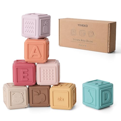 YIVEKO Baby Blocks Stacking for Babies Silicone Soft Building Blocks Teethers Montessori Toys for Babies Education Toys for Toddler Baby 8 PCS-Vintage