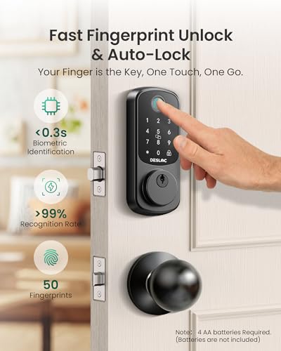 Image of DESLOC B200 Fingerprint Smart Lock with 2 Knobs, Keyless Entry Front Door Lock Set, Electronic Keypad Deadbolt, App Control, Auto Lock, Long Battery Life,Matte Black | Front and Exterior Door, Fingerprint and Voice Unlock, Touchscreen with Backlit, App Control, Auto Lock, Anti-Peep, IP54