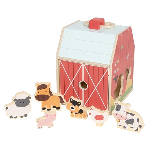 Pearhead Farm Animal Shape Sorter – Wooden Barn with 6 Chunky Animal Blocks, FSC-Certified, Flip-Up Roof & Carrying Handle, Montessori Pretend Play Toy for Boys and Girls, 2 3 4 Year Old
