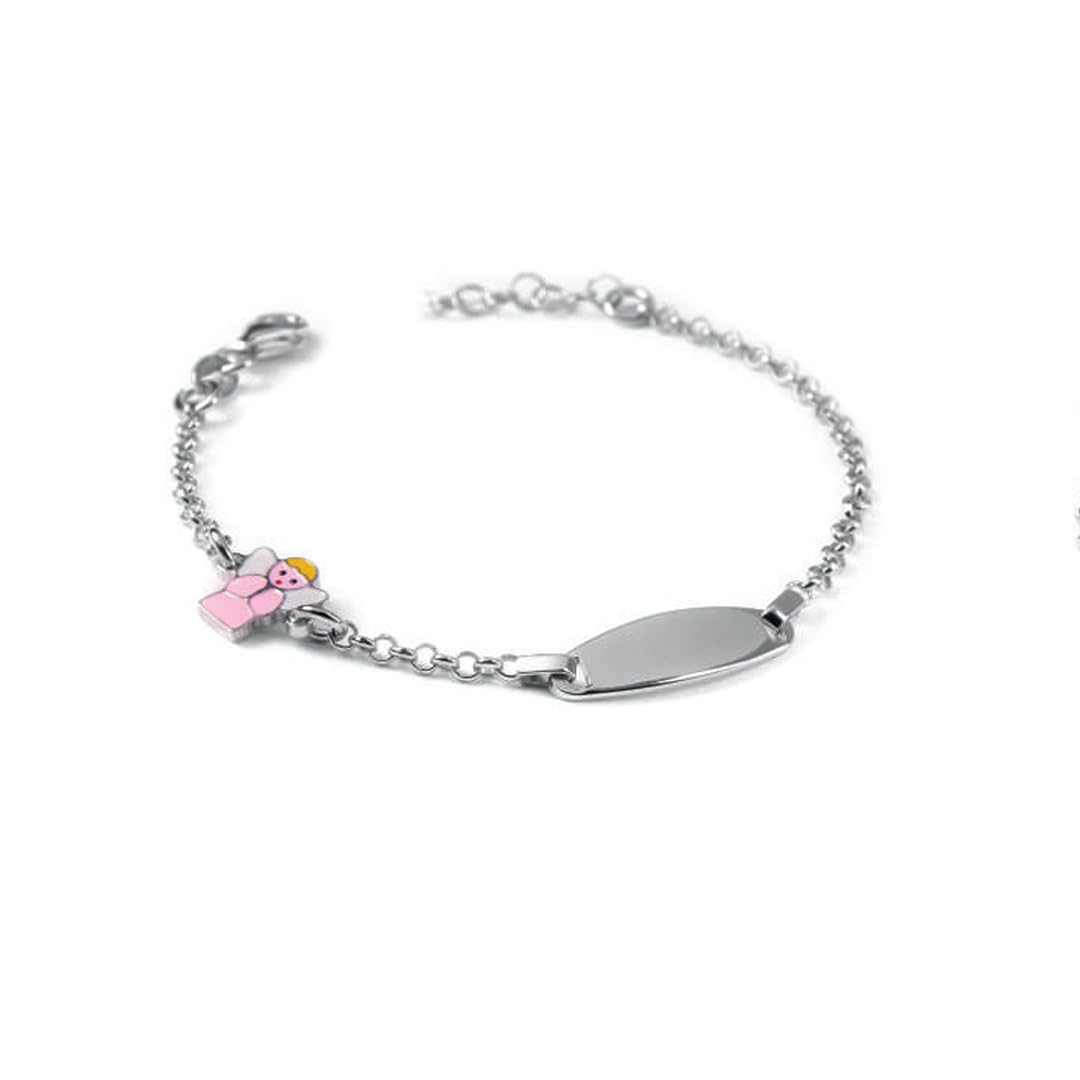 Bracciale argento 925 bambina targa per incisione personalizzabile con angelo custode smalto rosa regalo bimba