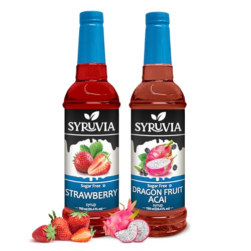 Syruvia Sugar-Free Strawberry & Dragon Fruit Acai Syrup - Premium Flavoring Syrup for Tea, Sodas, Beverages, Drinks, Desserts, Cocktails & Mocktails - 0 Calories, Kosher, Gluten Free - 25.4 fl oz.