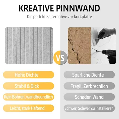 Filz Pinnwand 75×50 cm – selbstklebend & bohrfrei, Set aus 6 grauen Filzplatten, Korktafel-Alternative inkl. 20 Pinnnadeln, Memoboard & Fotowand für Büro, Kinderzimmer & Zuhause