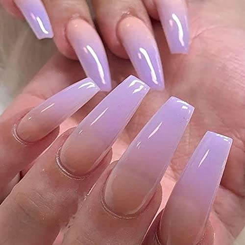 Outyua Gradient Super Long Fake Nials Coffin Glossy Purple Press on Nails Ballerina False Nails Tips Acrylic Full Cover Nails for Women and Girls 24Pcs