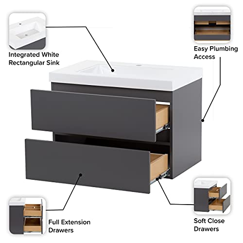 Spring Mill Cabinets Innes Floating Bathroom Vanity With 2 Drawers And White Sink Top, 30.5" W X 18.87" D X 22.25" H, Cement #TOP4