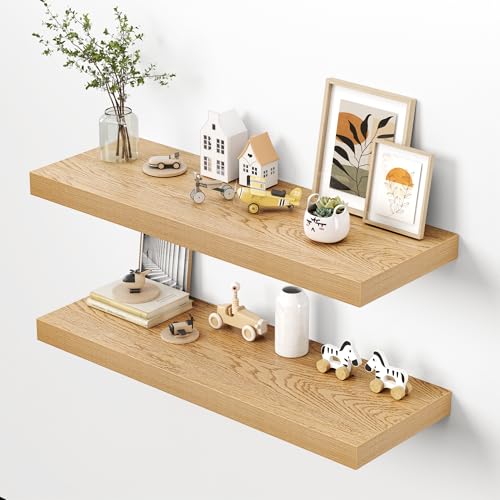 Image of Dreamland 40 inch Floating Shelves for Wall, 12 inch Deep Thicker Oak Floating Shelves, Wall-Mounted Shelves for Bedroom, Living Room, Kitchen, Bathroom - Set of 2