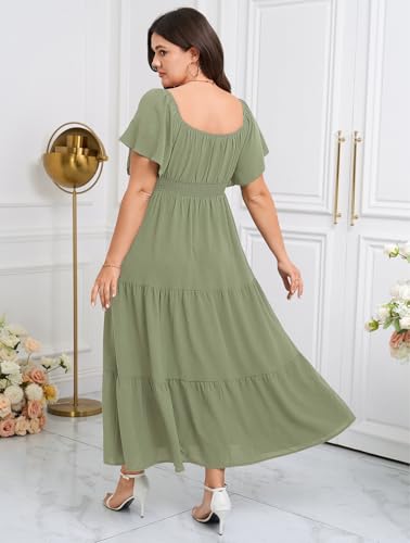 Image of SCOMCHIC Womens Plus Size Maxi Dress Formal Short Sleeve Square Neck Smocked Side Split Flowy A Line Tiered Long Dress