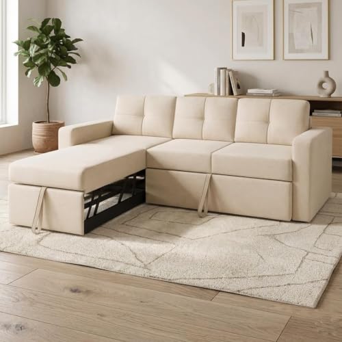 Image of FURNY Tira 4 Seater LHS Lounger Sofa Cum Bed (Cream) with Pull-Out Function | Luxury Velvet Suede Finish | Durable Comfort | Ideal for Living Room