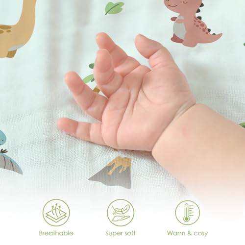 Image of SANDJEST Dinosaur Minky Muslin & Dotted Blanket 30x40 in Gift for Holiday, Gender Reveal Party, Hospital Visit, Baptism