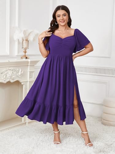 Image of SCOMCHIC Womens Plus Size Wedding Guest Cocktail Dresses Sweetheart Neckline Short Sleeve Smocked Ruffle Slit Maxi Dress