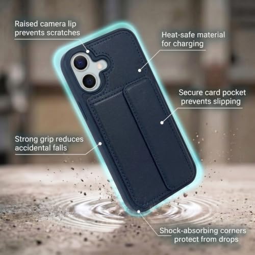 Image of amazon basics Luxury Vegan Leather Back Cover for iPhone 16 | Built-in Card Holder Slot | Integrated Mobile Stand | Slim Shockproof Protective Case with Stitched Finish - Blue
