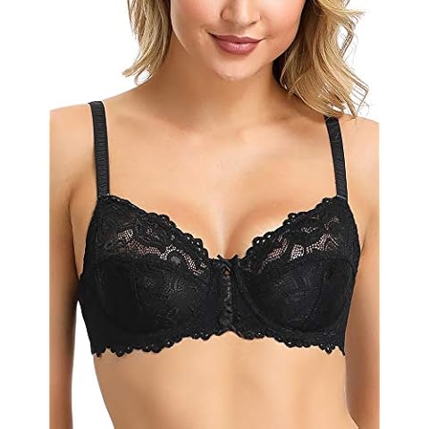 Wingslove Women's Sexy Lace Bra Non Padded Underwire Unlined Bra Full Coverage Plus Size Lace Bralette (Black, 36C) Cover