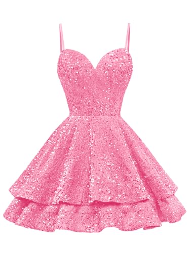 Tiered Sequin Homecoming Dresses Short for Teens 2024 Spaghetti Straps A-Line Prom Dress2